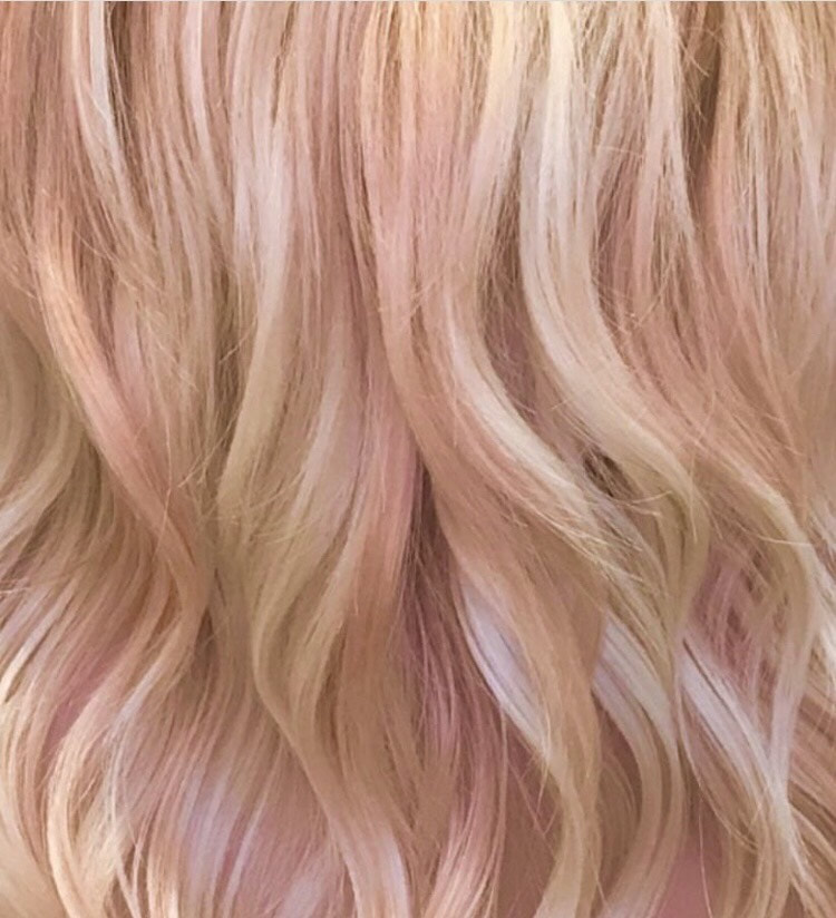 Close Up of Pearl blonde with rose gold pieces. MB Salon color specialist, balayage specialist