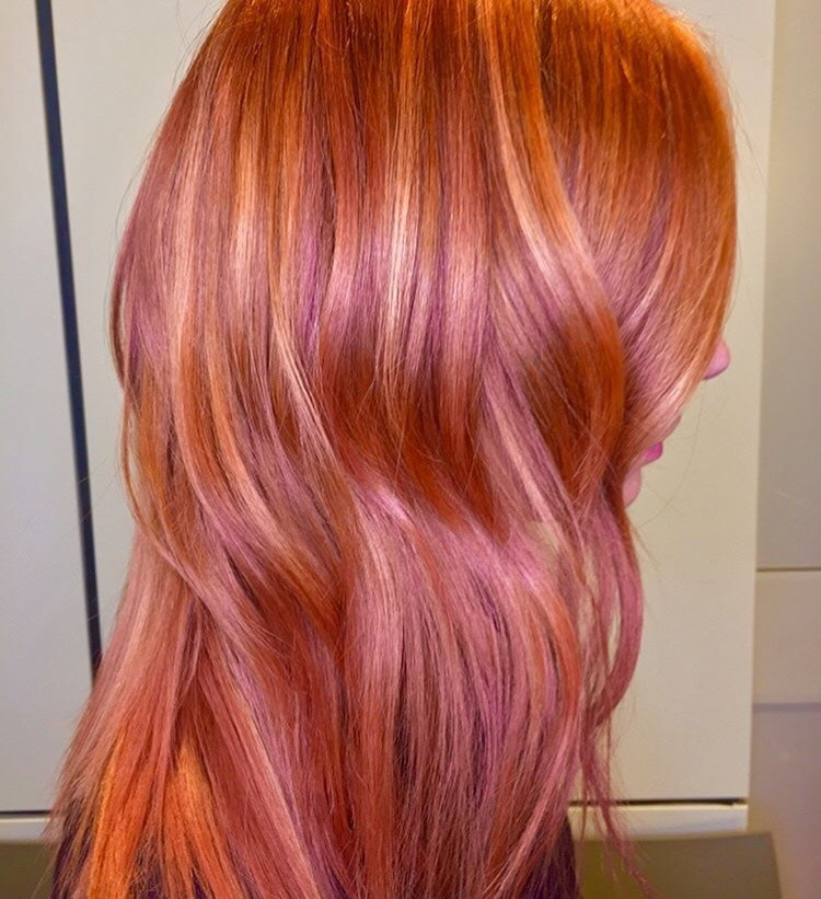 Red color with rose gold and dimension. MB Salon color specialist, balayage specialist.