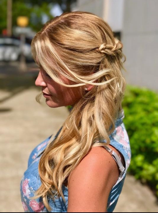 Golden honey blonde with highlights, finished with a BoHo braid and beach waves. MB Salon color specialist, balayage specialist. 