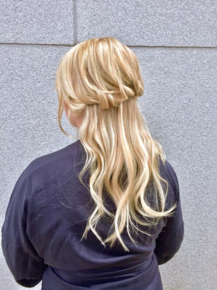 warm and neutral blonde with wrapped rope braid. MB Salon color specialist, balayage specialist. 