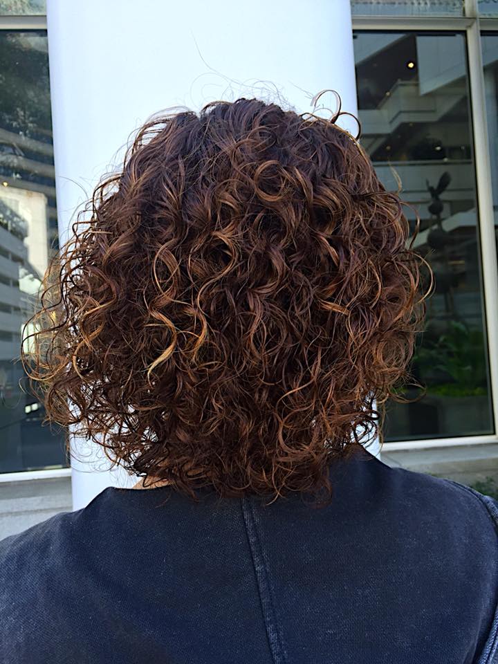 Brunette Curly hair balayage to accent curl pattern.  MB Salon color specialist, balayage specialist.