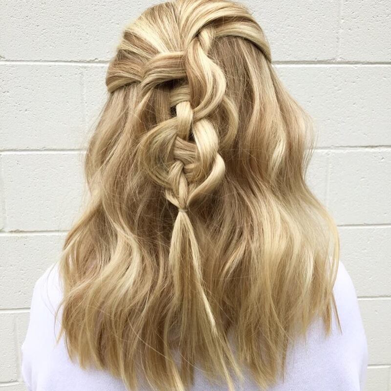 Cool and Warm dimensional blonde balayage.  Finished with a fun braid!  MB Salon color specialist, balayage specialist. 