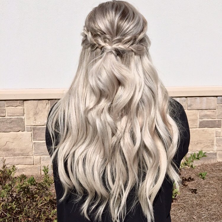 Ash blonde with shadow root and extensions. Finished with BoHo Braid and beach waves. MB Salon color specialist, balayage specialist, hair extension specialist, Donna Bella Hair Extensions